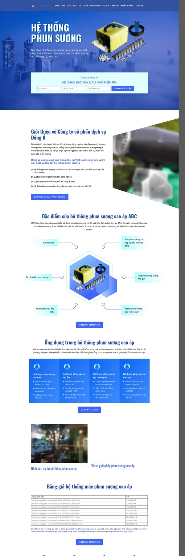 Màn hình đầu mẫu website hệ thống phun sương với form nhận báo giá