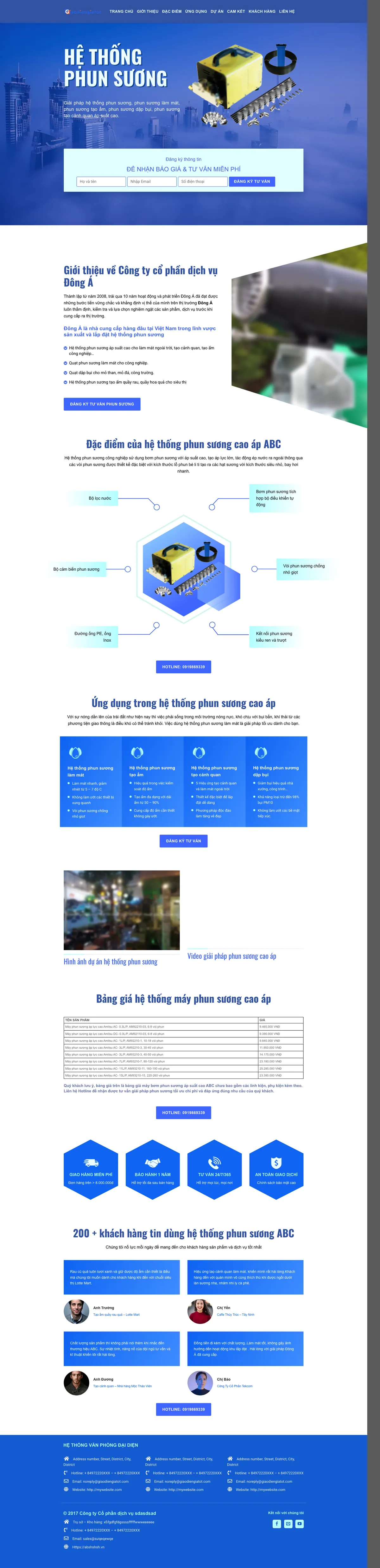 Màn hình đầu mẫu website hệ thống phun sương với form nhận báo giá
