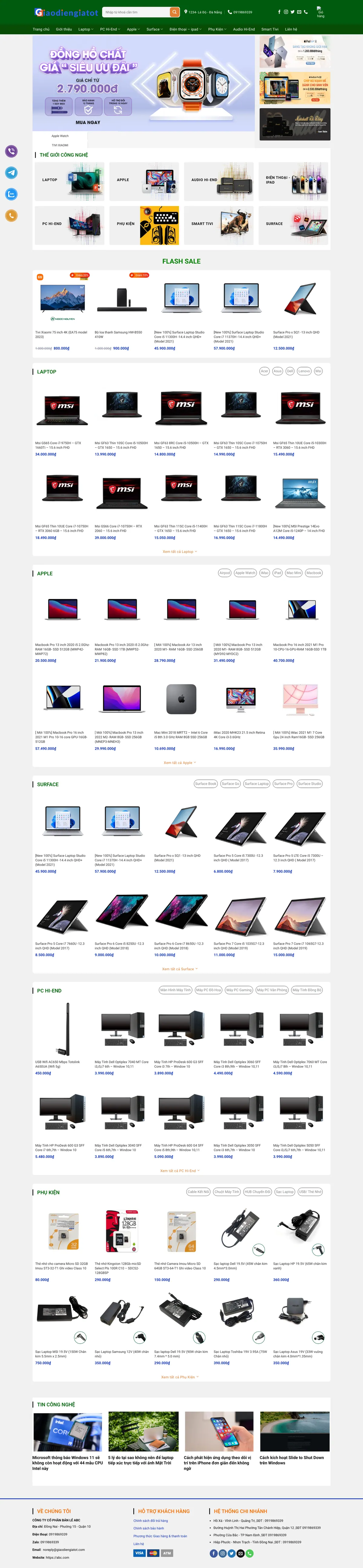 Màn hình đầu mẫu website siêu thị laptop tông xanh lá với banner khuyến mãi