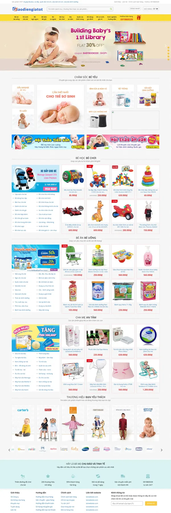 Màn hình đầu mẫu website siêu thị mẹ và bé với menu biểu tượng và slider