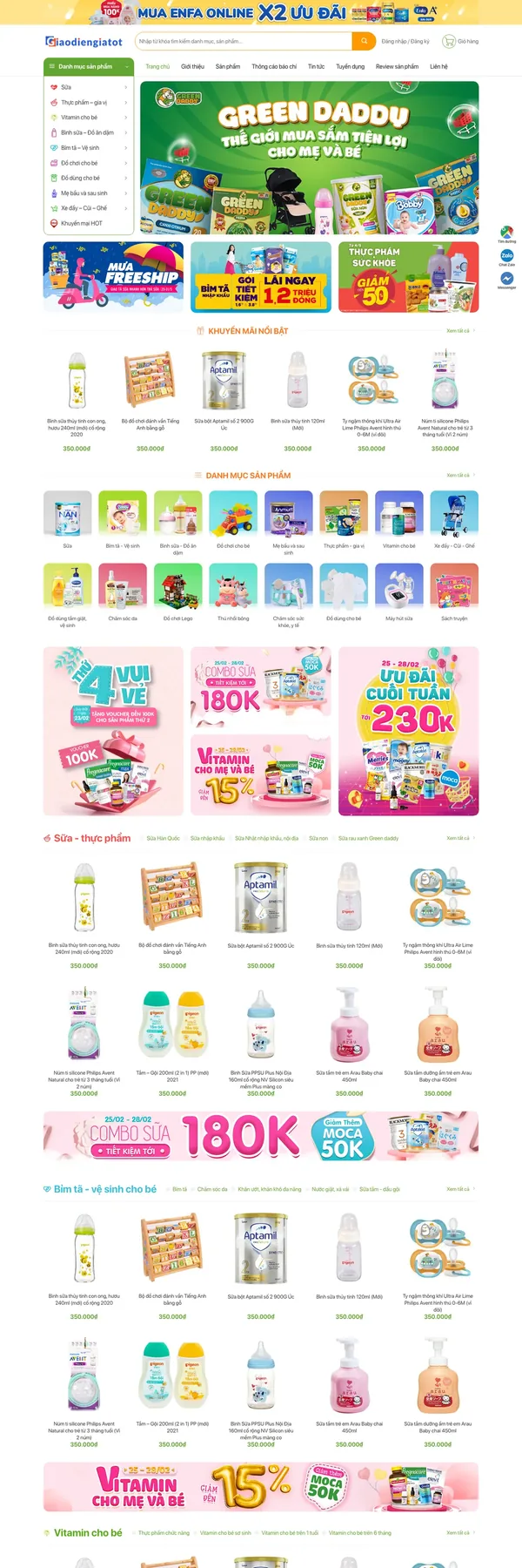 Màn hình đầu mẫu website chuỗi siêu thị mẹ và bé với menu danh mục dọc
