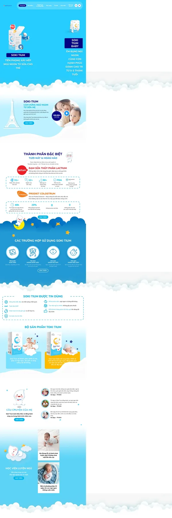 Màn hình đầu mẫu website sữa cho bé với banner sản phẩm nền xanh
