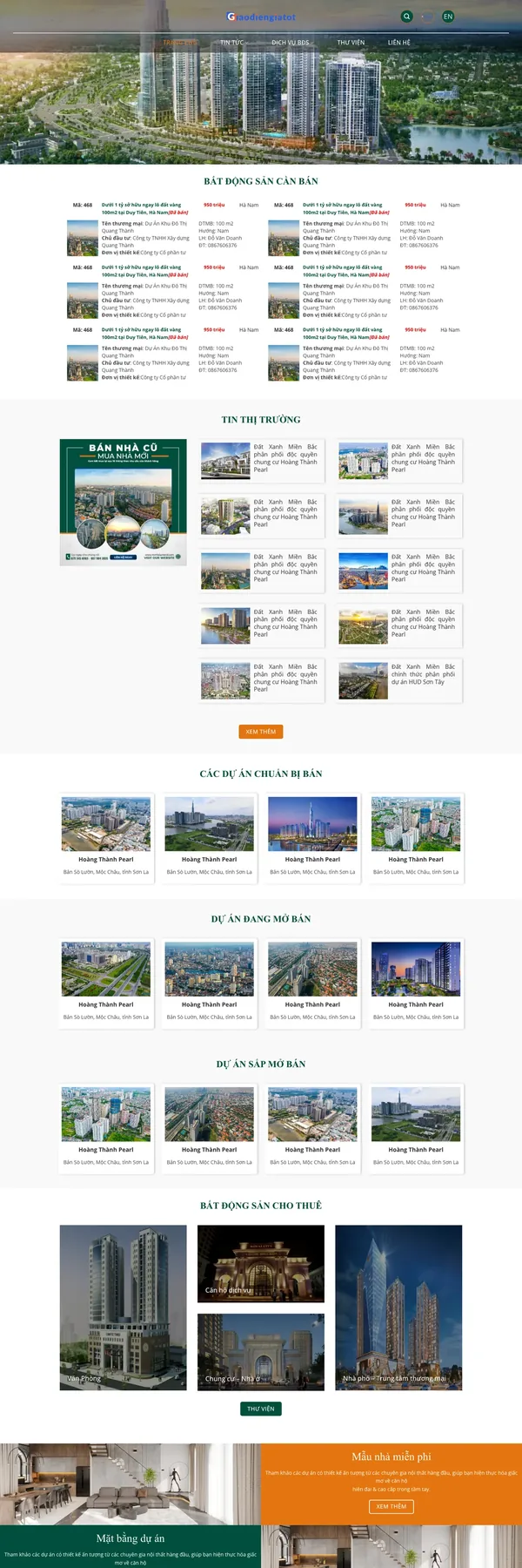 Màn hình đầu mẫu website sàn bất động sản với ảnh tòa nhà cao tầng