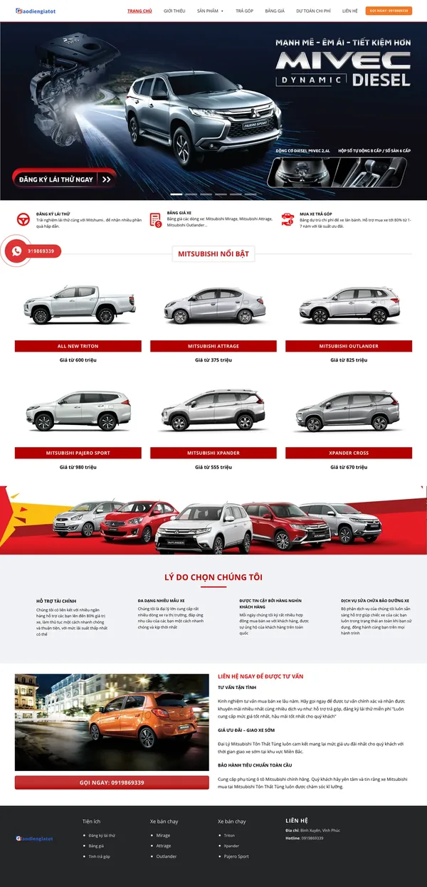 Màn hình đầu mẫu website đại lý ô tô với banner xe và nút đăng ký lái thử
