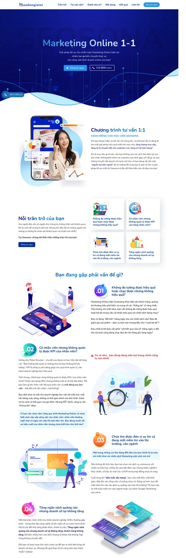 Màn hình đầu mẫu landing page marketing online với banner xanh đậm