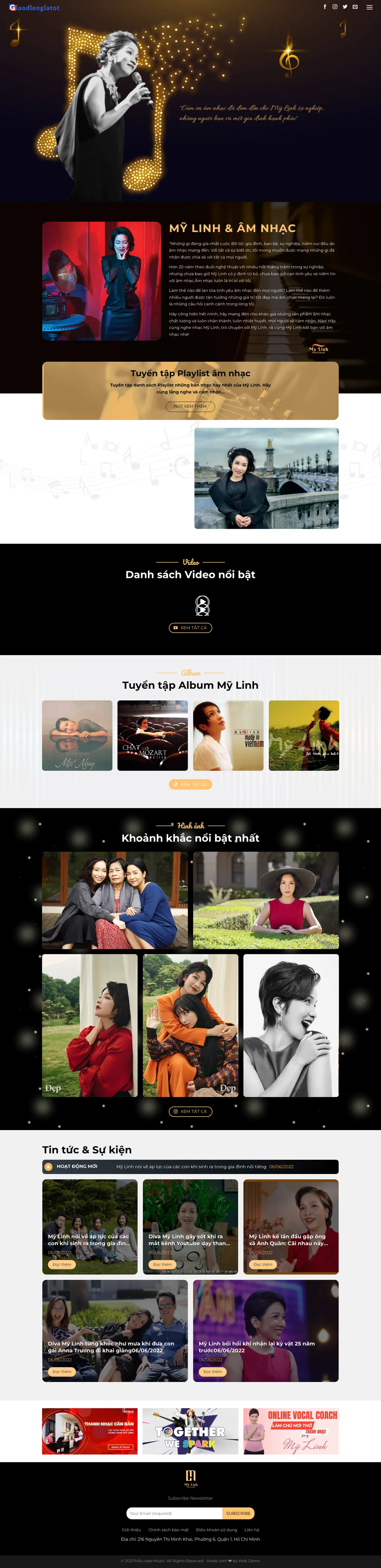 Màn hình đầu mẫu website nghệ sĩ âm nhạc với banner chân dung nền đen vàng