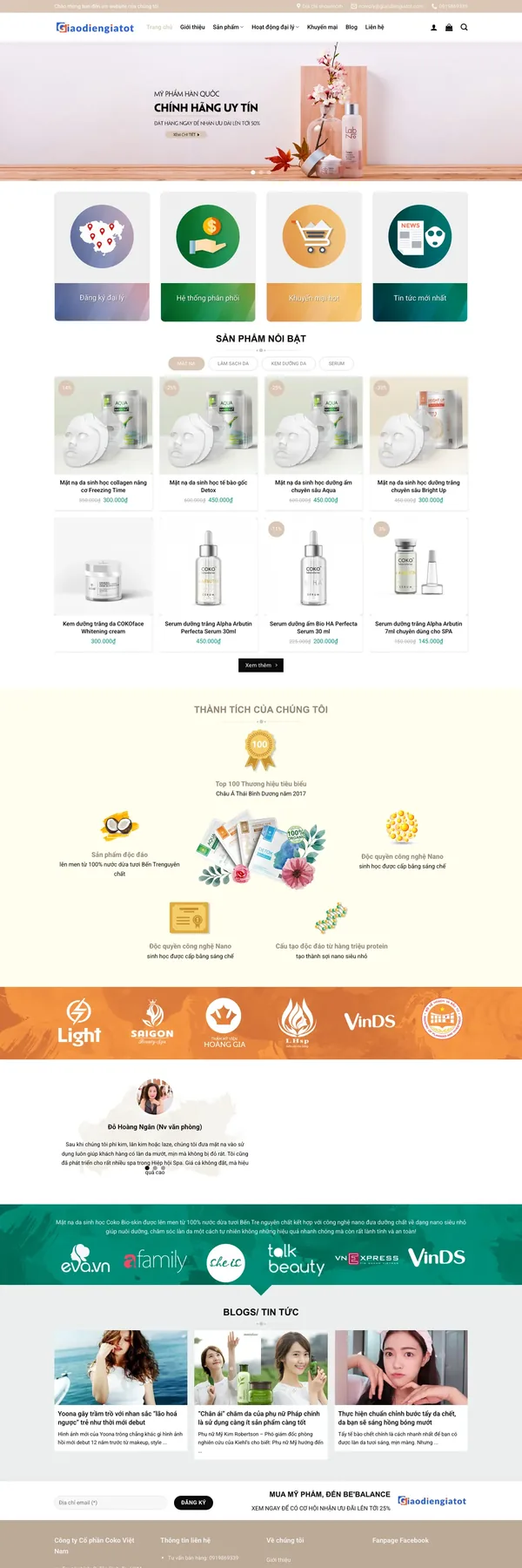 Màn hình đầu mẫu website mỹ phẩm Hàn Quốc với slider và ô lối tắt đại lý