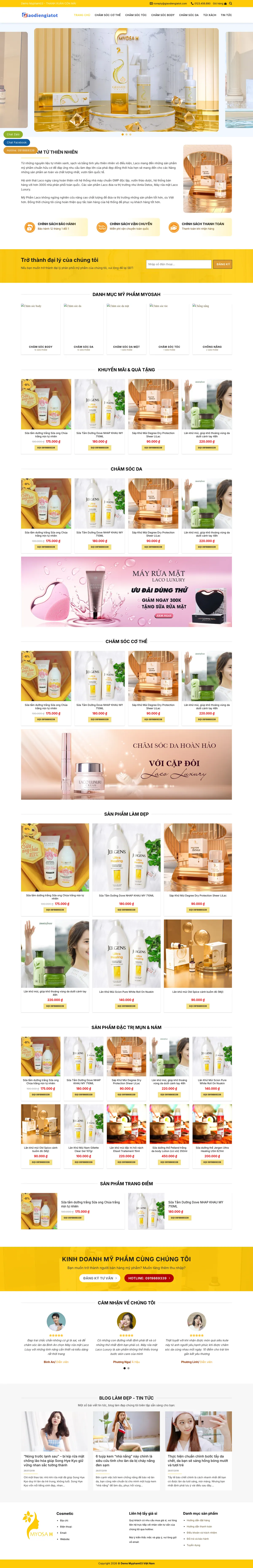 Màn hình đầu mẫu website mỹ phẩm thiên nhiên tông vàng gold với slider sản phẩm