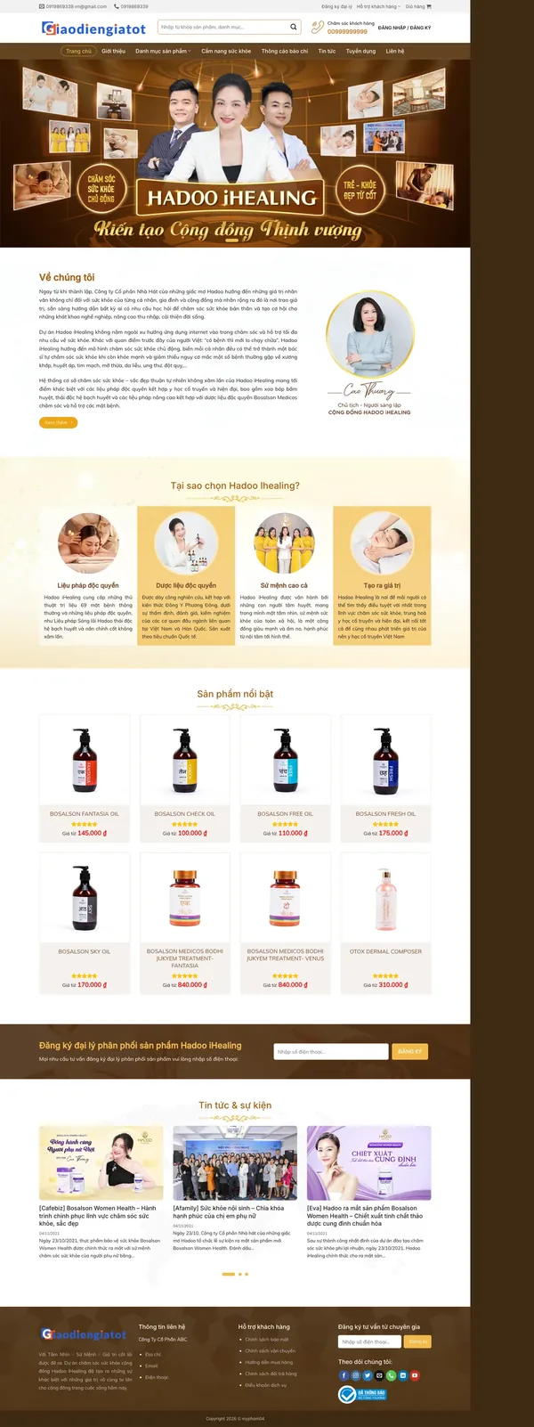 Màn hình đầu mẫu website tinh dầu và chăm sóc cơ thể tông nâu vàng