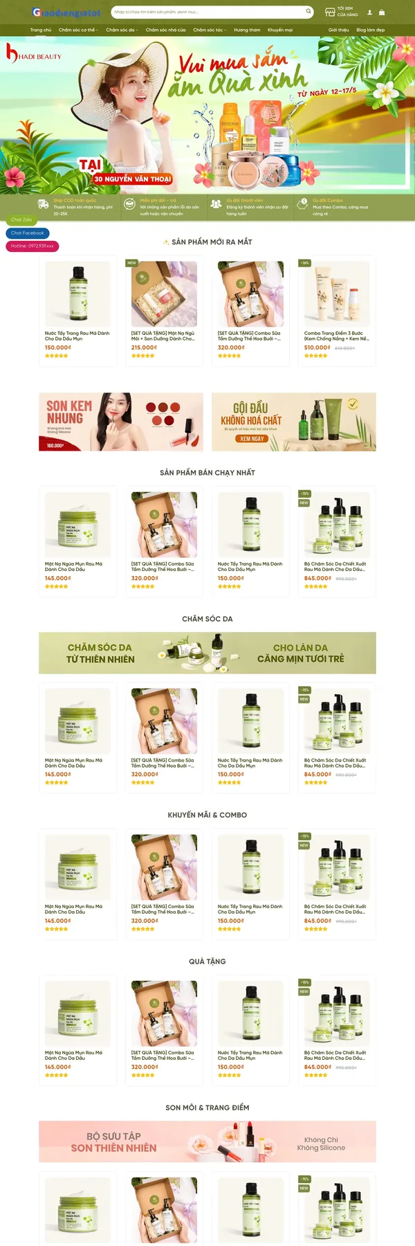Màn hình đầu mẫu website mỹ phẩm thiên nhiên tông xanh olive với banner ưu đãi
