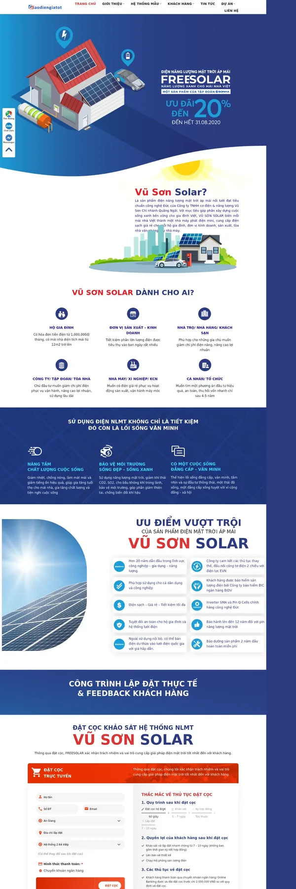 Màn hình đầu mẫu website điện năng lượng mặt trời áp mái tông xanh dương