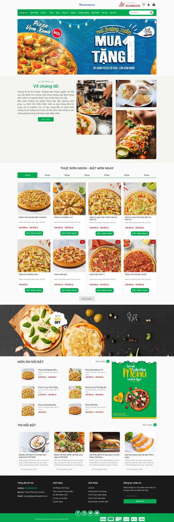 Màn hình đầu mẫu website tiệm pizza với banner khuyến mãi mua 1 tặng 1