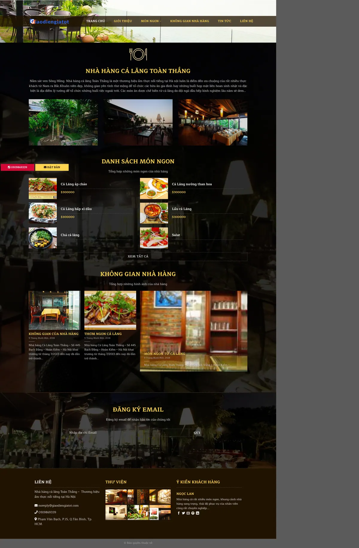Màn hình đầu mẫu website nhà hàng món cá tông tối với phần giới thiệu và ảnh