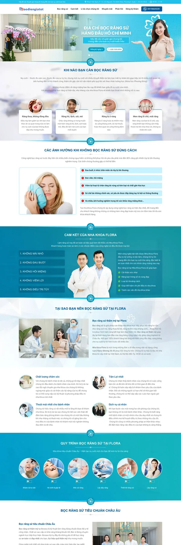 Màn hình đầu mẫu website nha khoa landing page bọc răng sứ tông xanh ngọc