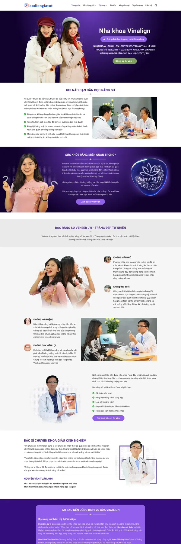 Màn hình đầu mẫu website nha khoa răng sứ veneer tông tím có banner ưu đãi
