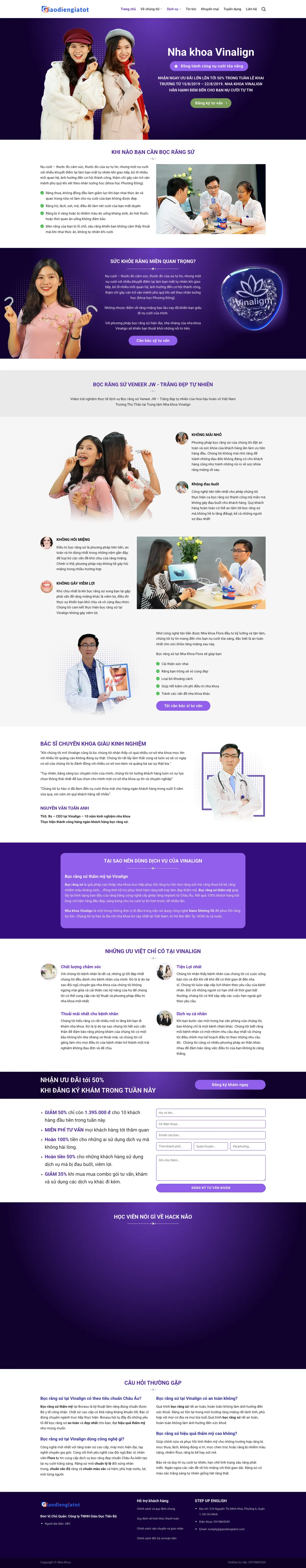 Màn hình đầu mẫu website nha khoa răng sứ veneer tông tím có banner ưu đãi