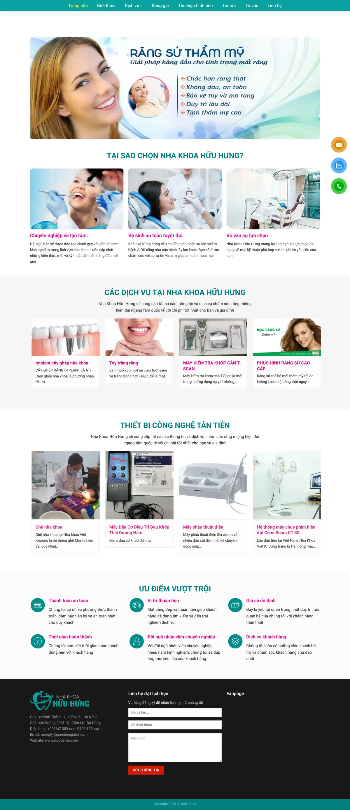 Màn hình đầu mẫu website phòng khám nha khoa tổng quát với banner răng sứ