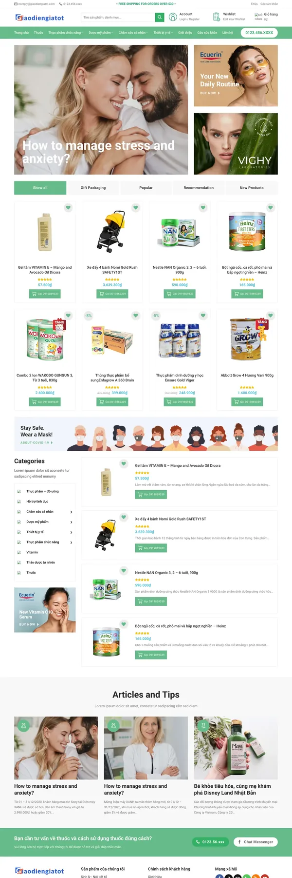 Màn hình đầu mẫu website nhà thuốc online với banner chăm sóc da và menu xanh lá