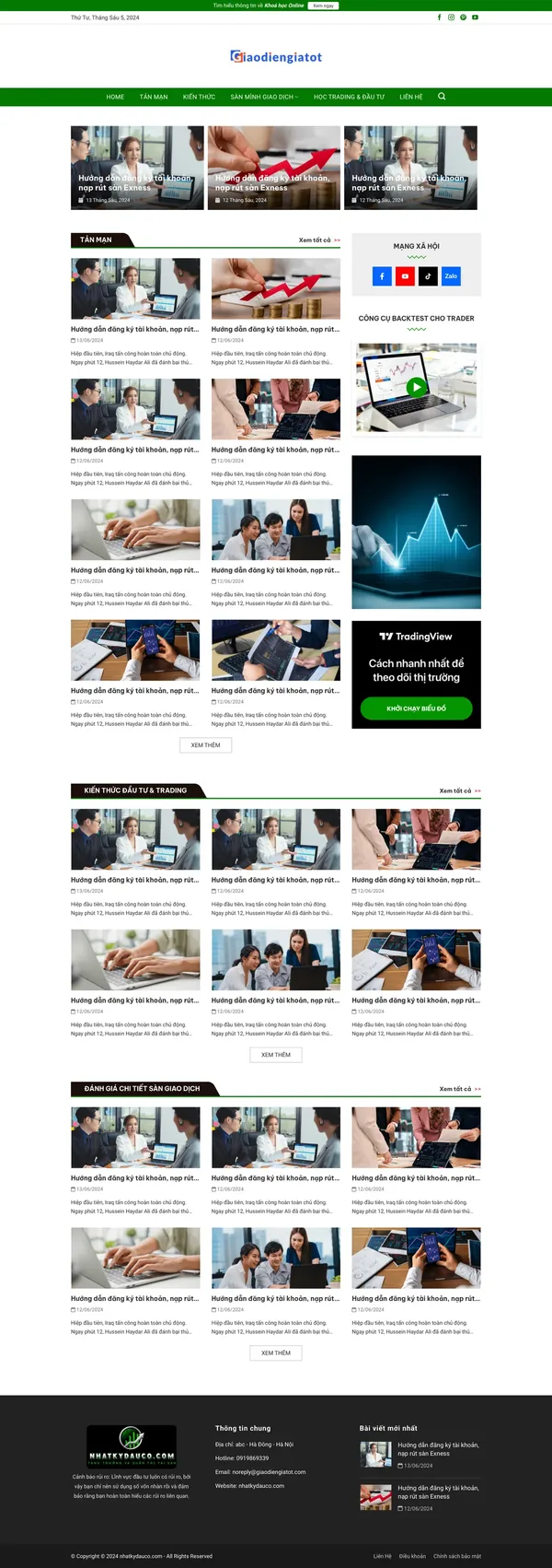 Màn hình đầu mẫu website blog đầu tư với lưới bài nổi bật và menu xanh lá