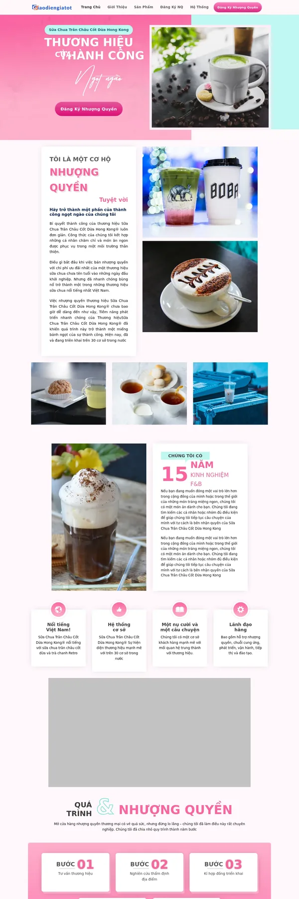 Màn hình đầu landing page nhượng quyền trà sữa tông hồng pastel
