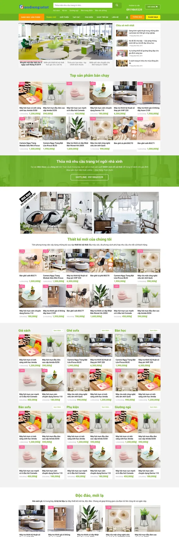 Màn hình đầu mẫu website shop nội thất gỗ giá rẻ tông xanh lá trên máy tính