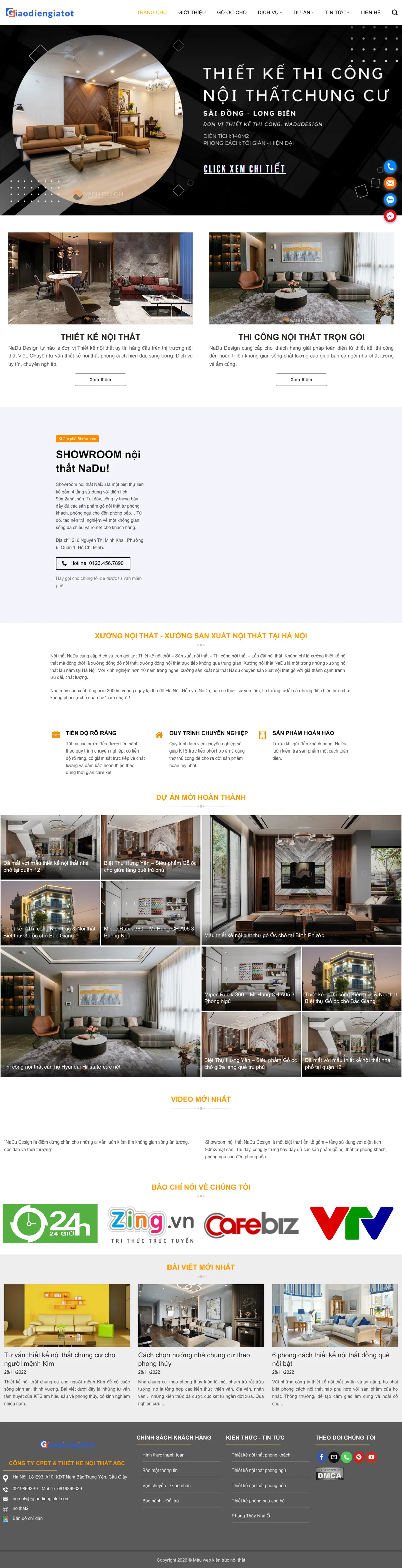 Màn hình đầu mẫu website nội thất gỗ óc chó với slider nền tối trên máy tính