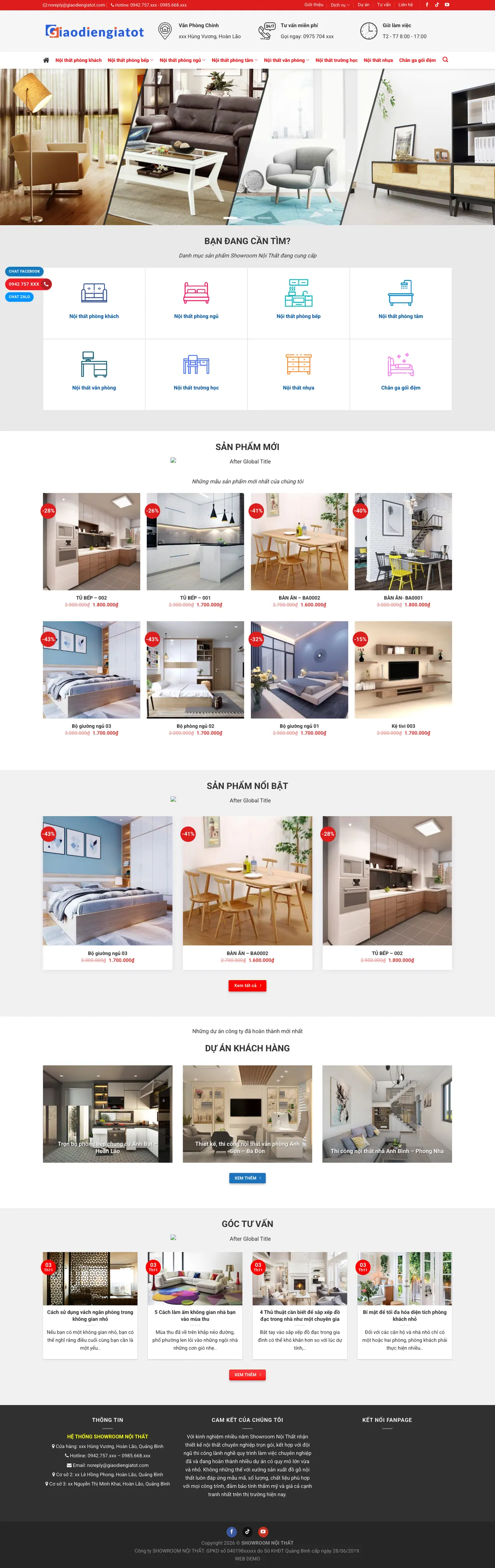 Màn hình đầu mẫu website showroom nội thất kiêm xưởng đóng đồ gỗ trên máy tính
