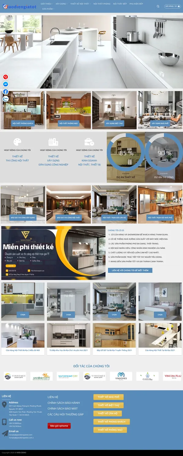 Màn hình đầu mẫu website thiết kế xây dựng và tủ bếp trọn gói trên máy tính
