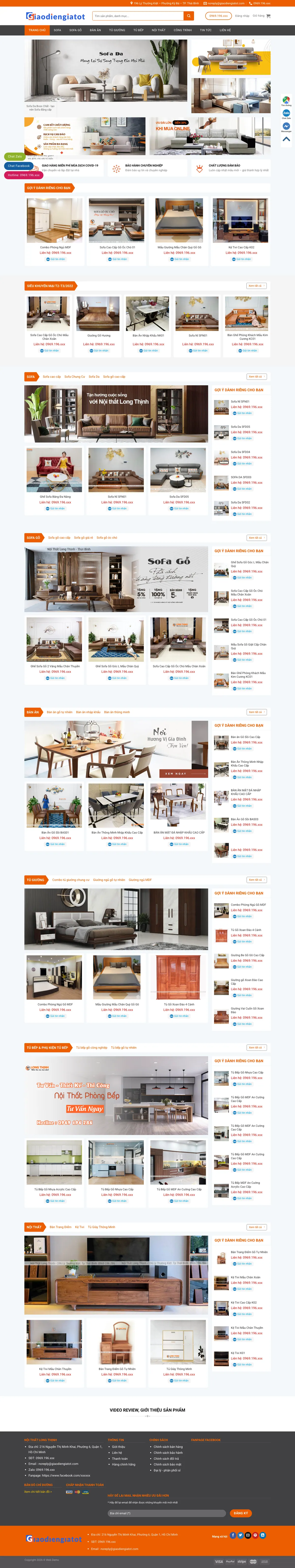 Màn hình đầu mẫu website cửa hàng sofa gỗ, bàn ăn, tủ bếp tông cam trên máy tính