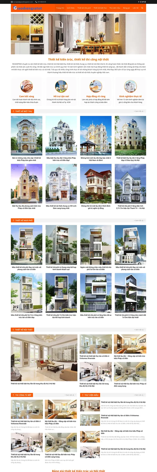 Màn hình đầu mẫu website kiến trúc tân cổ điển tông cam trên máy tính