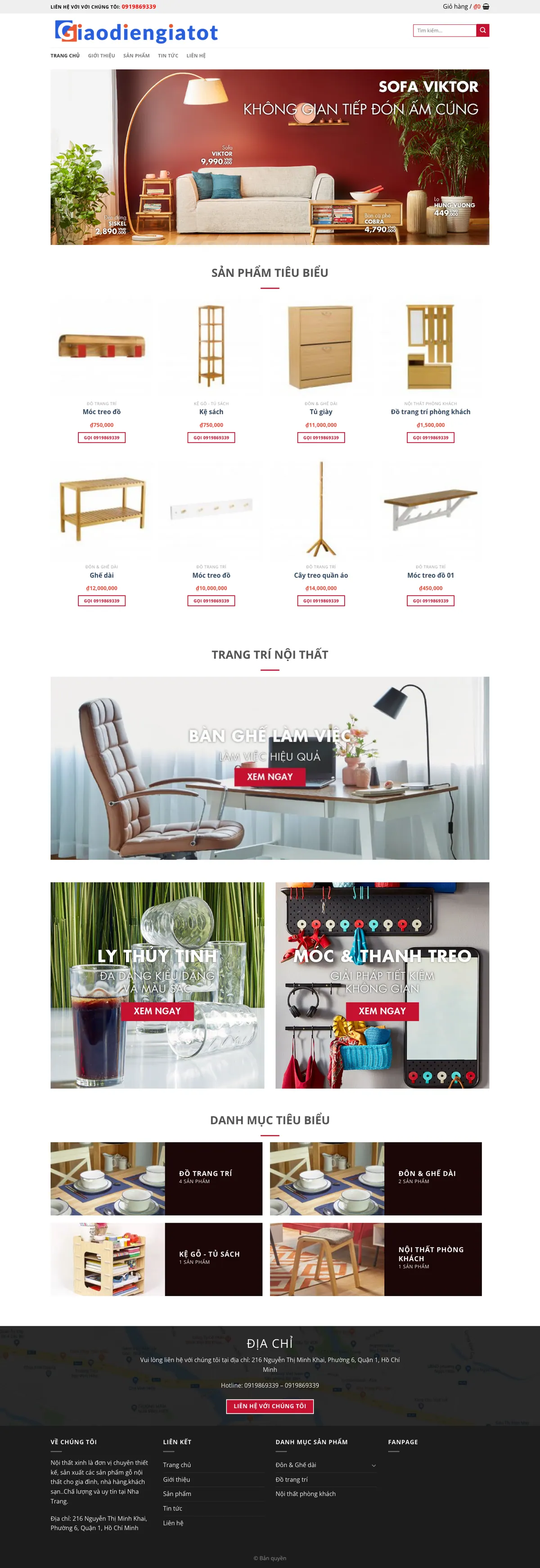 Màn hình đầu mẫu website cửa hàng đồ gỗ nội thất với banner sofa phòng khách