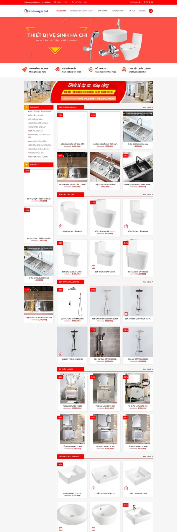 Màn hình đầu mẫu website thiết bị vệ sinh tông đỏ với banner phòng tắm