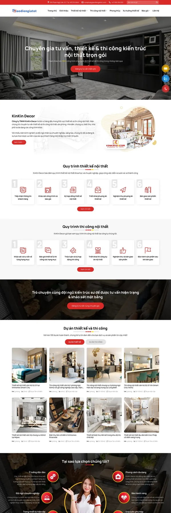 Màn hình đầu mẫu website thiết kế thi công nội thất trọn gói với banner phòng khách tối màu