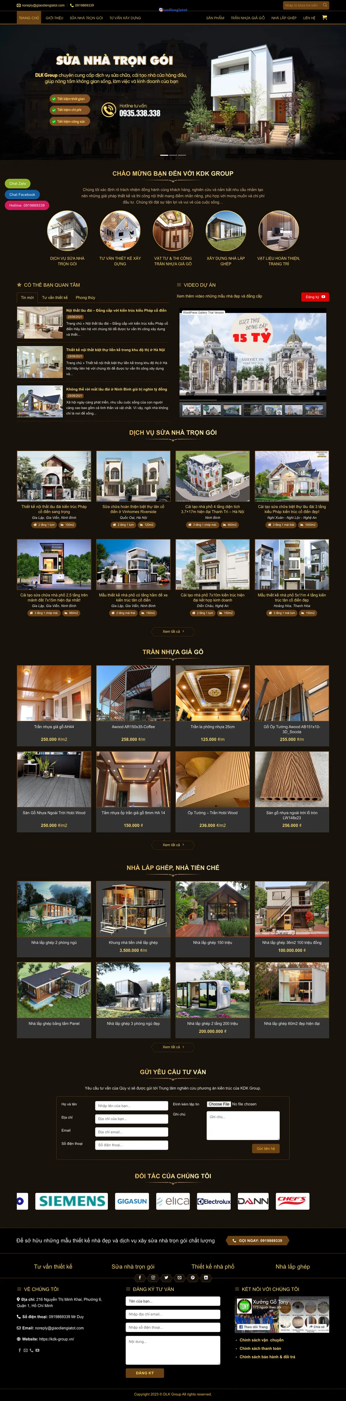 Màn hình đầu mẫu website sửa nhà trọn gói nền tối với banner nhà phố