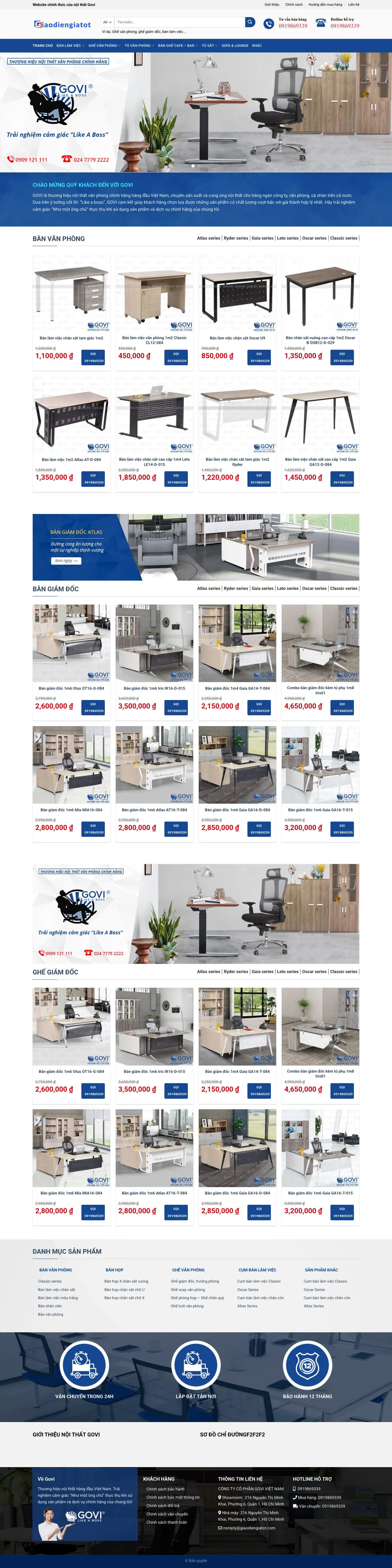 Màn hình đầu mẫu website nội thất văn phòng tông xanh navy với banner bàn ghế làm việc