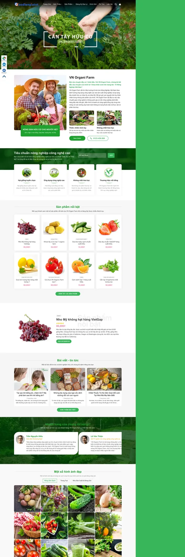 Màn hình đầu mẫu website nông trại hữu cơ với banner cần tây và ảnh nông dân