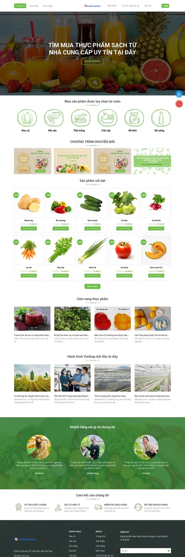 Màn hình đầu mẫu website hợp tác xã rau củ quả với banner thực phẩm sạch
