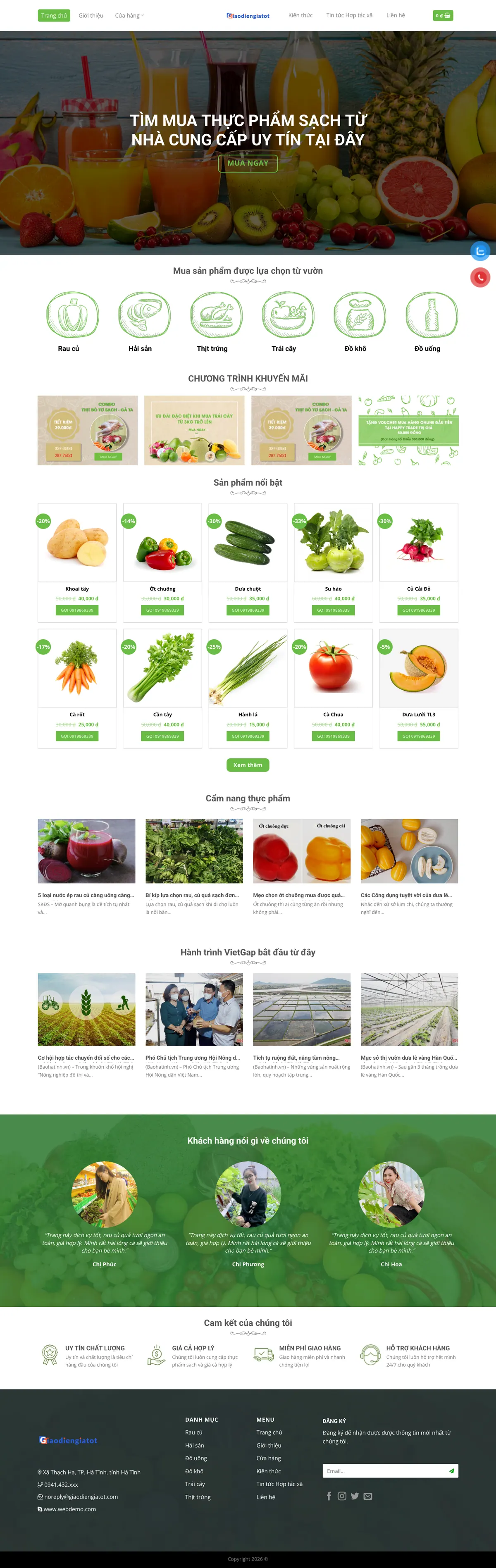 Màn hình đầu mẫu website hợp tác xã rau củ quả với banner thực phẩm sạch