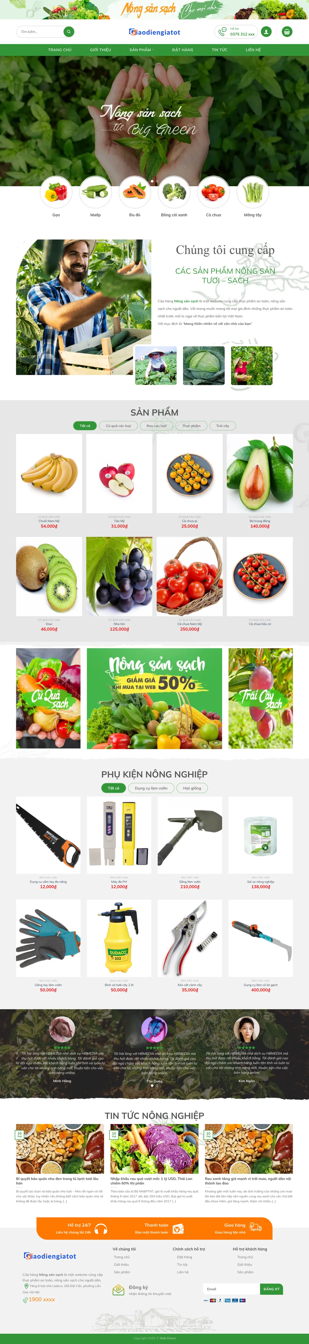 Màn hình đầu mẫu website nông sản tươi với banner cây non và biểu tượng rau củ