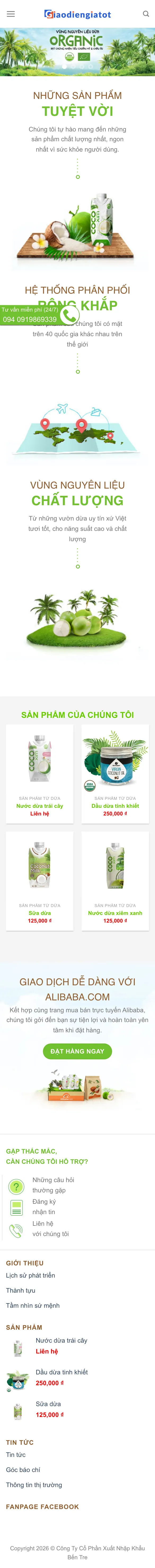 Mẫu Website Thương Hiệu Nước Dừa & Sữa Dừa – NUOCDUA – Trang chủ trên điện thoại