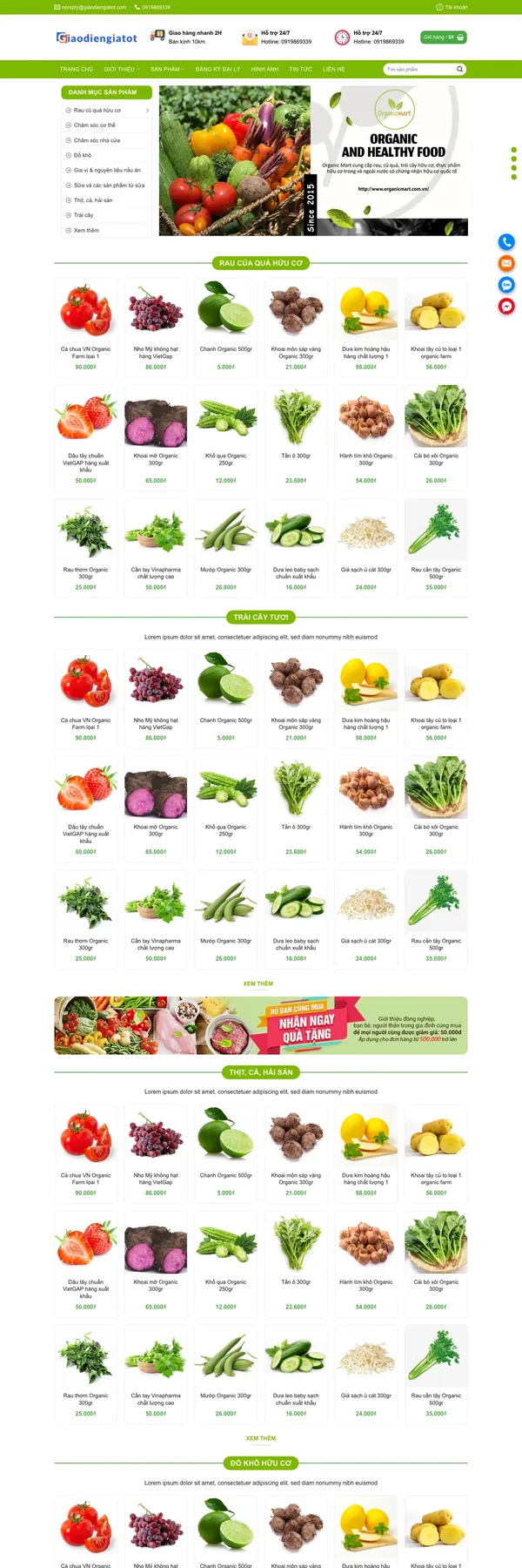 Màn hình đầu mẫu website thực phẩm hữu cơ với cột danh mục và banner rau củ