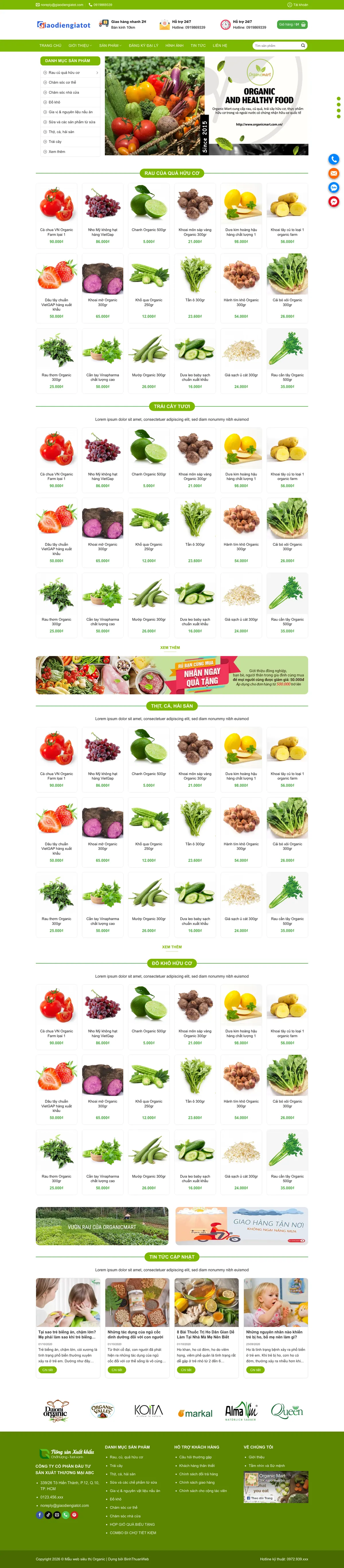 Màn hình đầu mẫu website thực phẩm hữu cơ với cột danh mục và banner rau củ