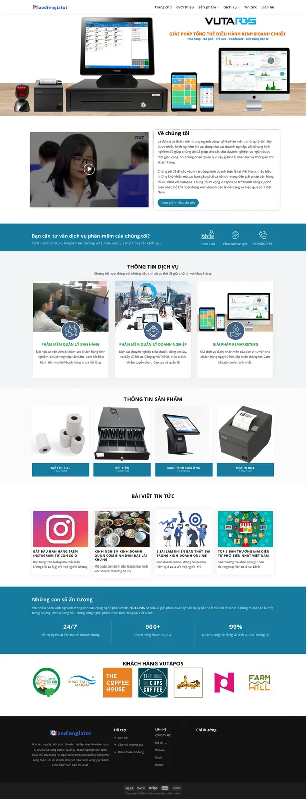 Màn hình đầu mẫu website phần mềm bán hàng với banner máy POS cảm ứng