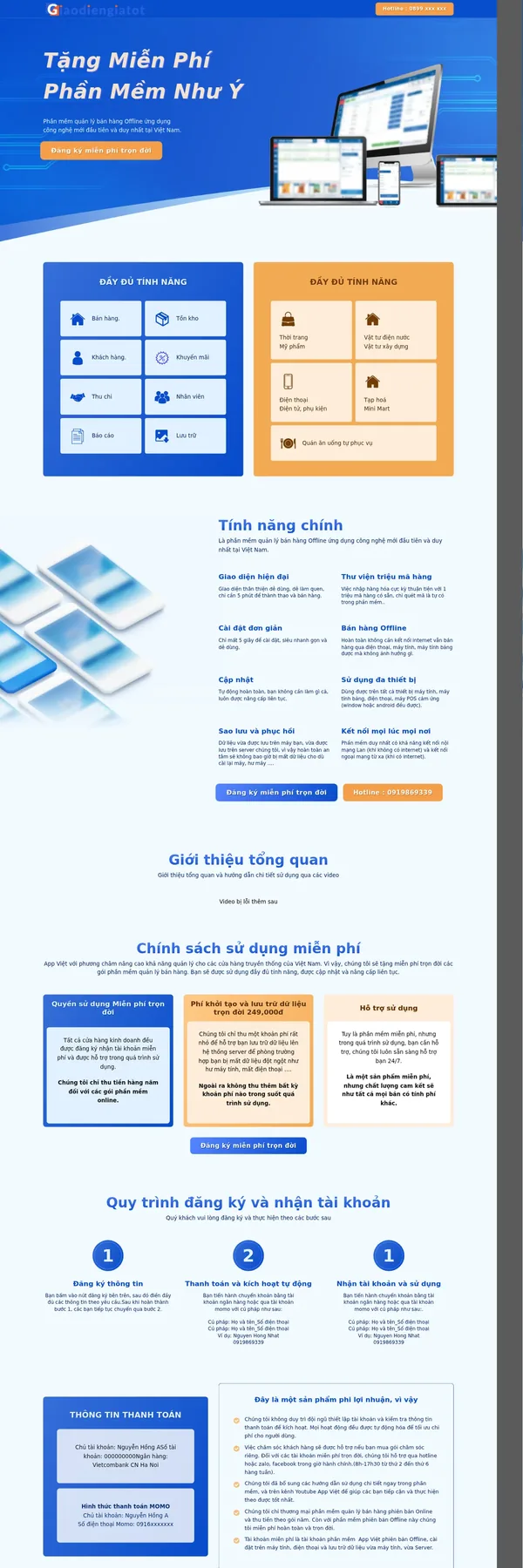 Màn hình đầu mẫu website phần mềm bán hàng với banner phần mềm trên nhiều thiết bị