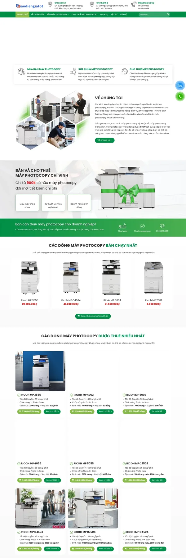 Màn hình đầu mẫu website cho thuê máy photocopy tông xanh lá
