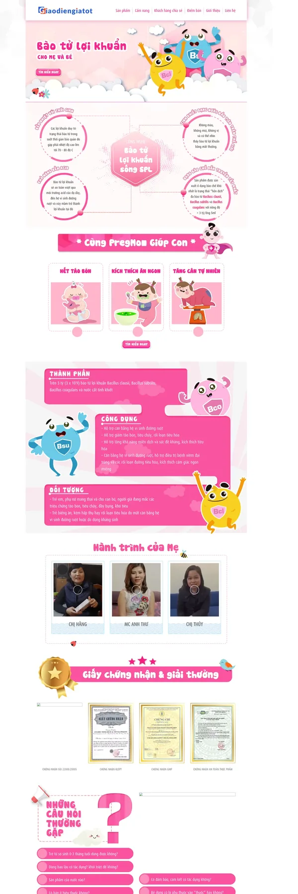 Màn hình đầu mẫu website sản phẩm mẹ và bé tông hồng với nhân vật hoạt hình