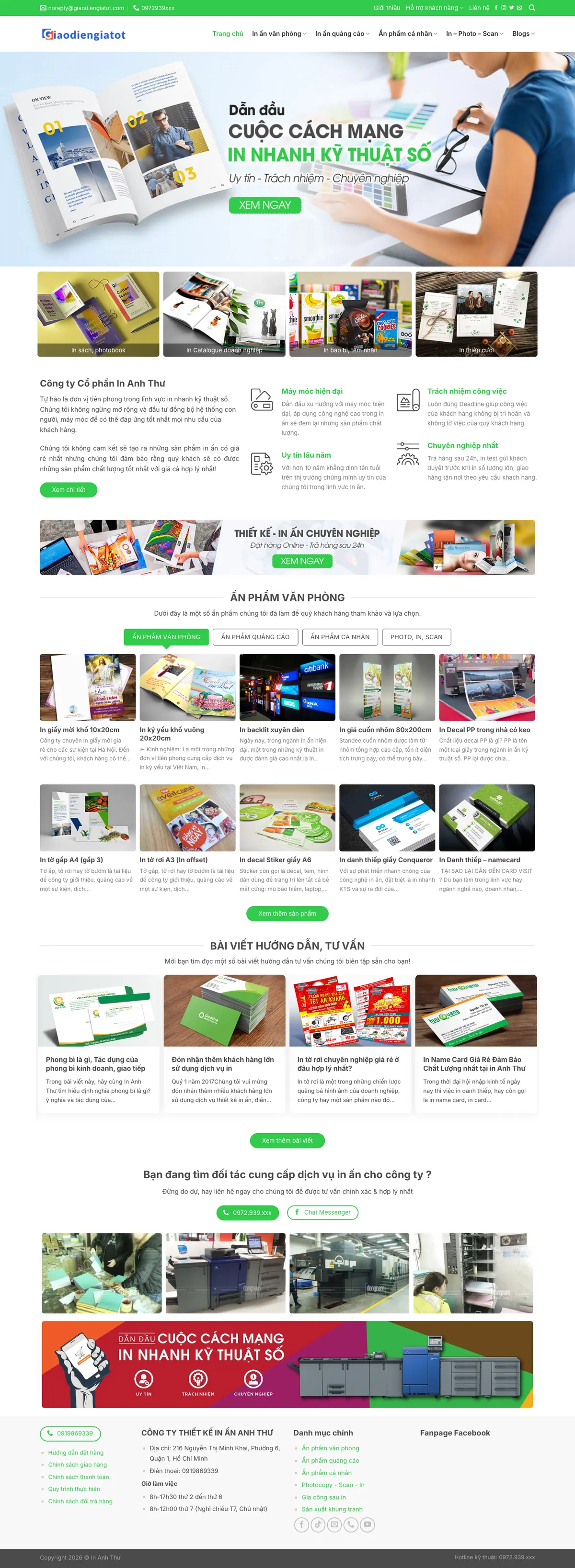 Màn hình đầu mẫu website công ty in kỹ thuật số tông xanh lá với banner catalogue