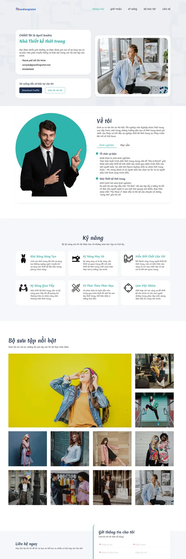 Màn hình đầu mẫu website hồ sơ cá nhân nhà thiết kế với thẻ giới thiệu và ảnh chân dung