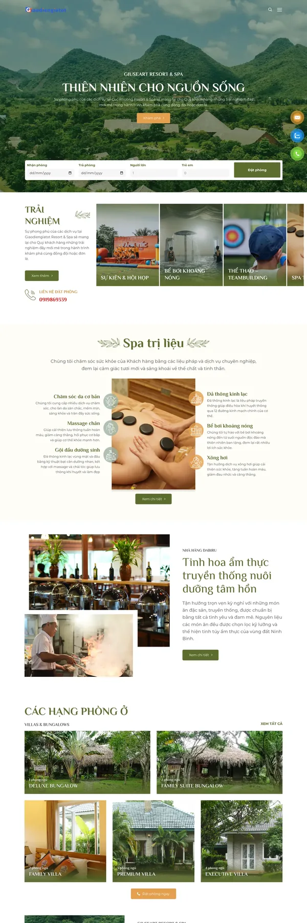 Màn hình đầu mẫu website resort sinh thái với ảnh núi rừng và form đặt phòng