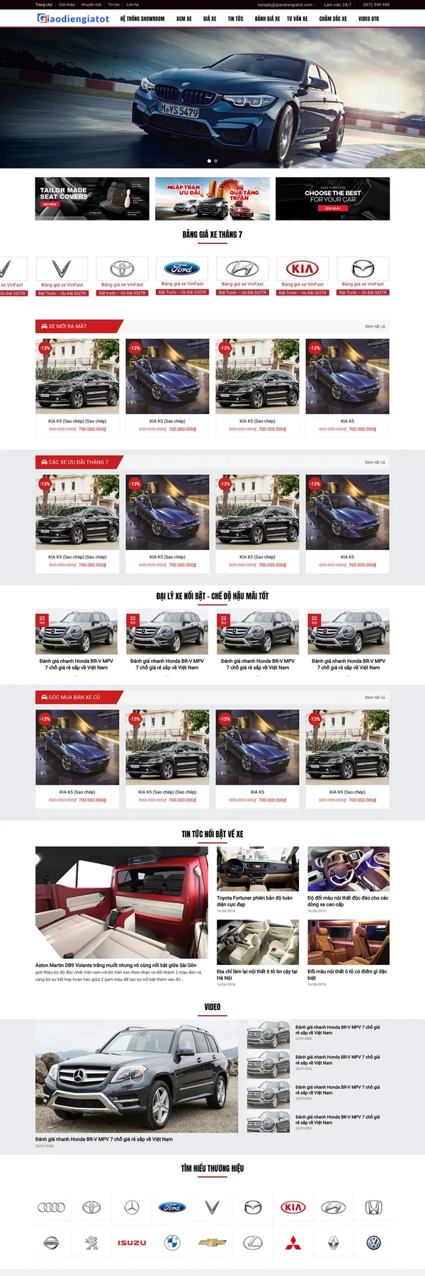 Màn hình đầu mẫu website review ô tô với slider xe và bảng giá theo hãng